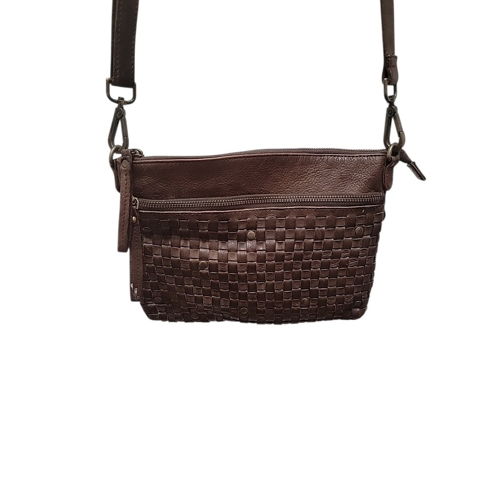 Oak Leathers Brown Woven Leather Crossbody Bag Purse Zippered Handbag